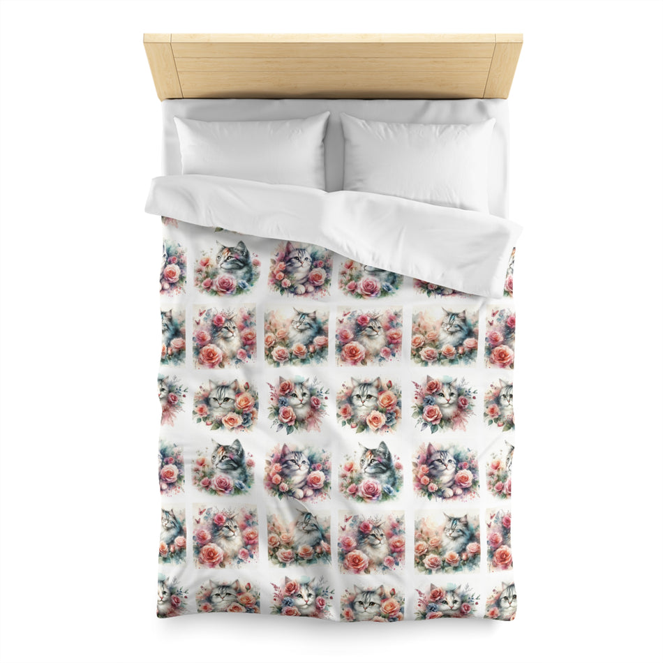 Cats With Beautiful Roses Microfiber Duvet Cover