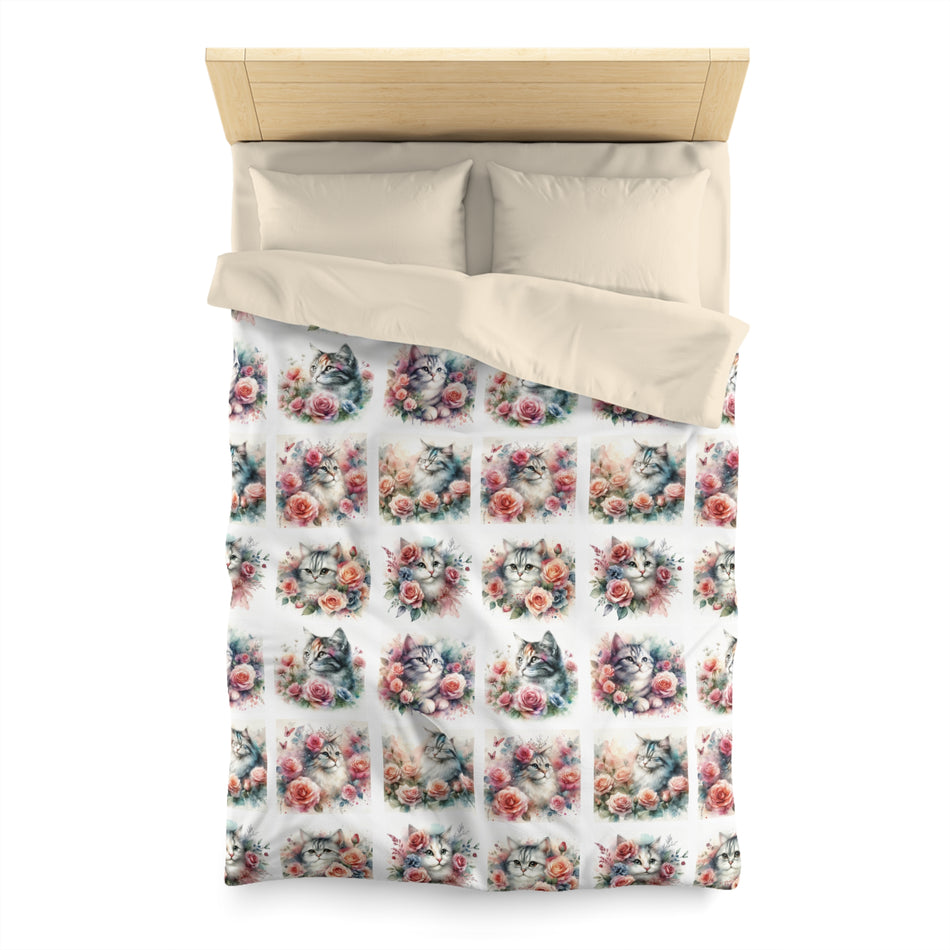 Cats With Beautiful Roses Microfiber Duvet Cover