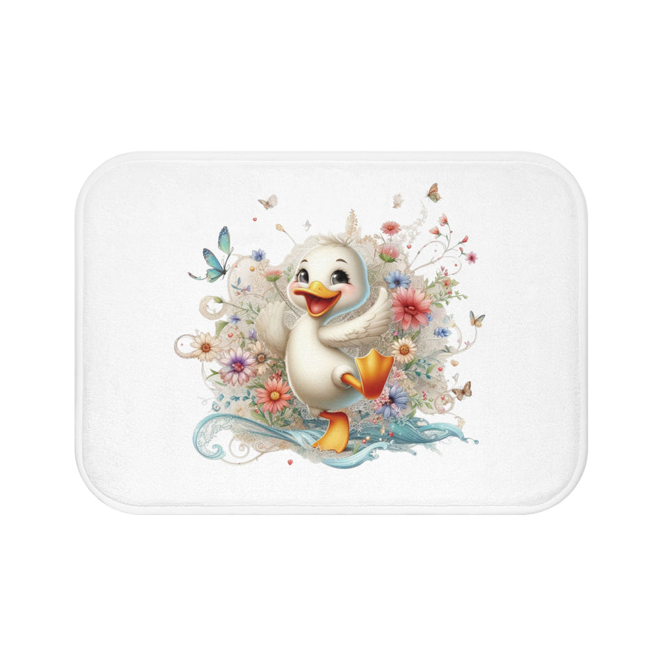 Happy Bright White Duck on a Bath Mat