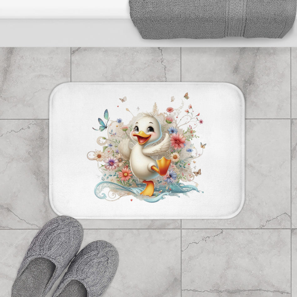 Happy Bright White Duck on a Bath Mat